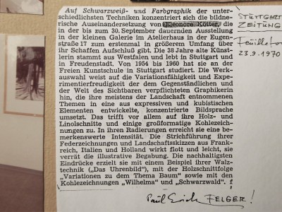 1970.  Artikel in der Stuttgarter Zeitung. Ausstellung im Atelier- und Künstlerinnenhaus an der Eugenstaffel.