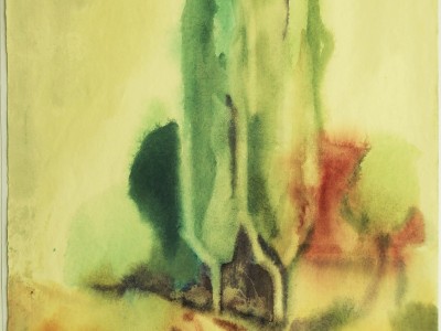 1974, Linde und Pappeln auf dem Silberberg. Aquarell. 59 cm x 31 cm.