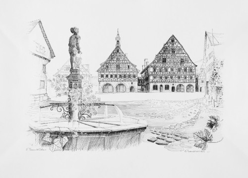 Dornstetten, der Marktplatz mit Brunnen und Rathaus